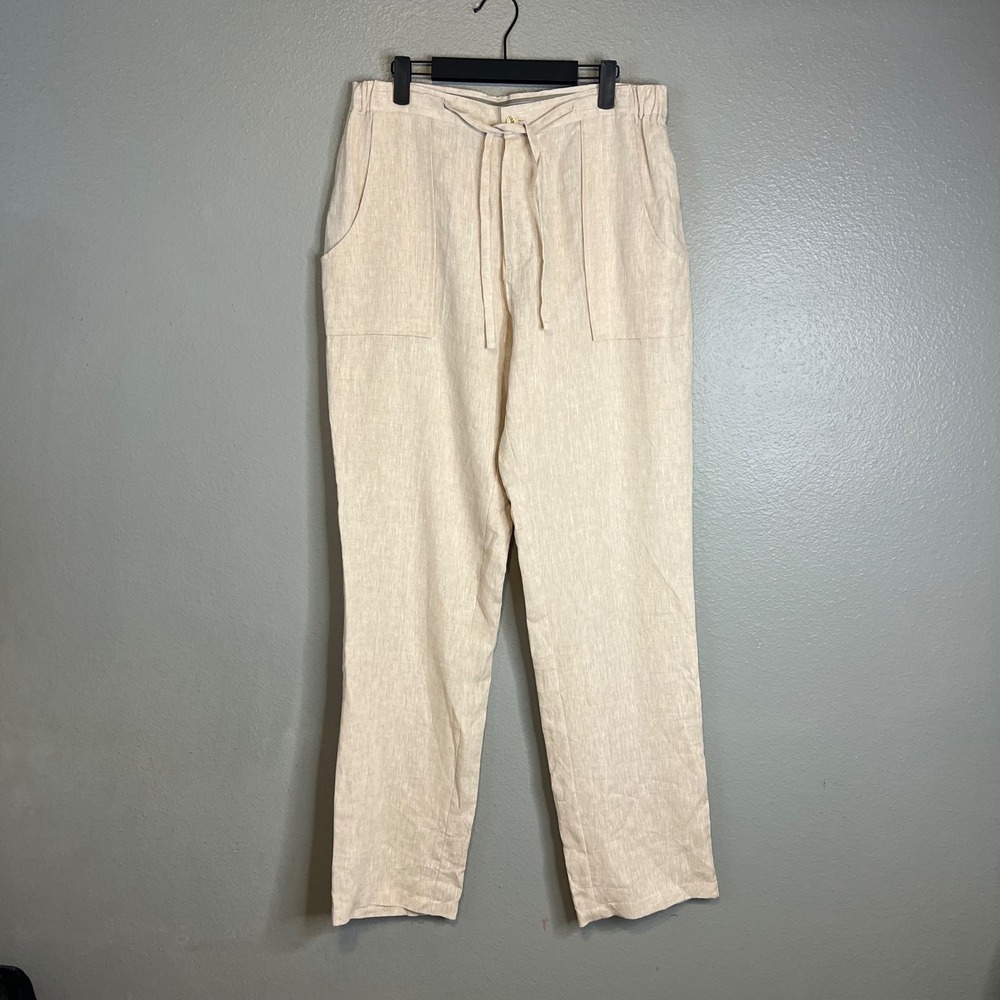 Bohio Mens Linen Pants Size L Beige Zip Drawstring Straight Leg Casual Trousers